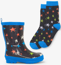 Load image into Gallery viewer, Hatley Ombre Stars Shiny Rain Boots &amp; Matching Socks Gray
