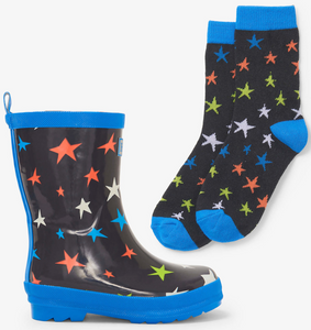 Hatley Ombre Stars Shiny Rain Boots & Matching Socks Gray Size 2 Kids