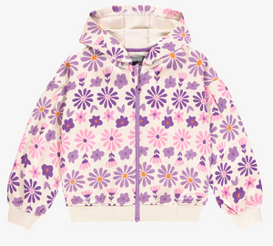 Souris Mini Cream Hoodie With Purple Floral Print In French Terry Child