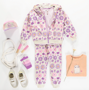 Souris Mini Cream Hoodie With Purple Floral Print In French Terry Child