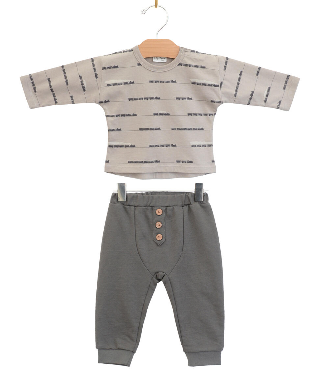City Mouse Baby Boy Set-Combed Jersey Trains Porpoise/Pewter Size 0-3m