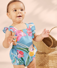 Load image into Gallery viewer, Tea Collection Ruffle Bubble Baby Romper Painterly Hibiscus in Blue
