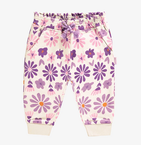 Souris Mini Cream Pants With Purple Floral Print In French Terry Baby