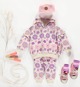 Souris Mini Cream Pants With Purple Floral Print In French Terry Baby