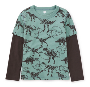 Tea Collection Printed Layered Sleeve Tee Scribbled Dinosaurs