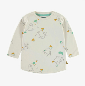 Souris Mini Cream Patterned T-Shirt with Long Sleeves and in Jersey