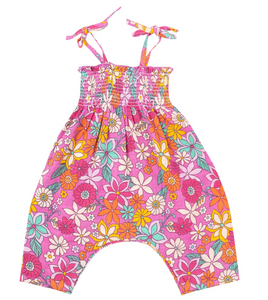 Angel Dear Tie Strap Smocked Romper Tropical Retro Floral Size 6-12m