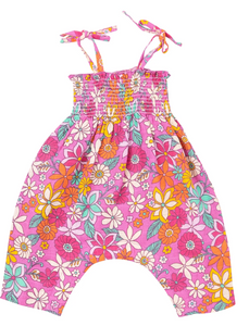 Angel Dear Tie Strap Smocked Romper Tropical Retro Floral Size 6-12m