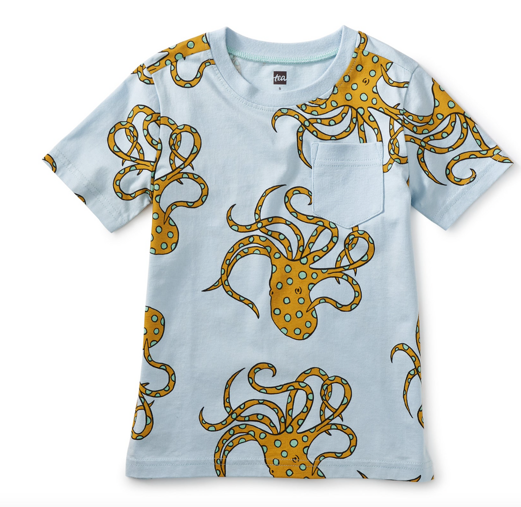 Tea Collection Pocket Tee Blue Ringed Octopus Size 2 Toddler