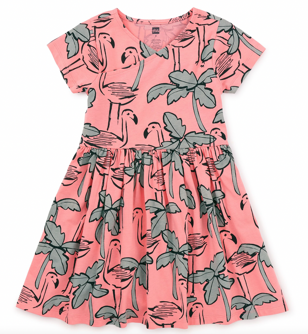 Tea Collection Short Sleeve Wrap Neck Dress Flamingo Sketch