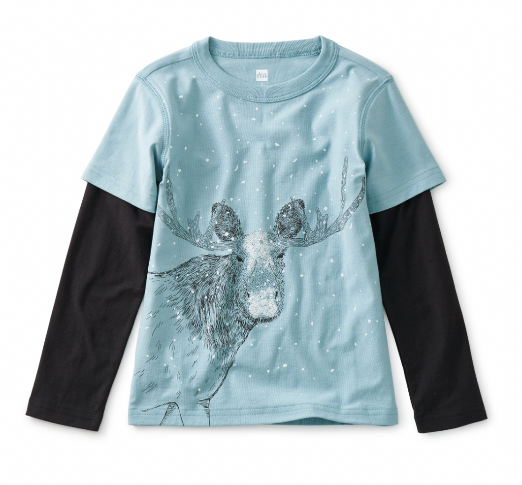 Tea Collection Moose Layered Graphic Tee Smokey Blue Size 7 Years